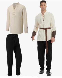 New Halloween Men's Renaissance Costume Medieval Pirate Shirt and Pants Viking Costume Accessory Set, 2XL