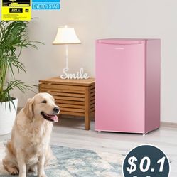  3.2 Cu.Ft Mini Fridge with Freezer, Single Door Mini Fridge, Dorm Fridge, Adjustable Thermostat, Mini Refrigerator for Bedroom, Office, Dorm, Pink-BR
