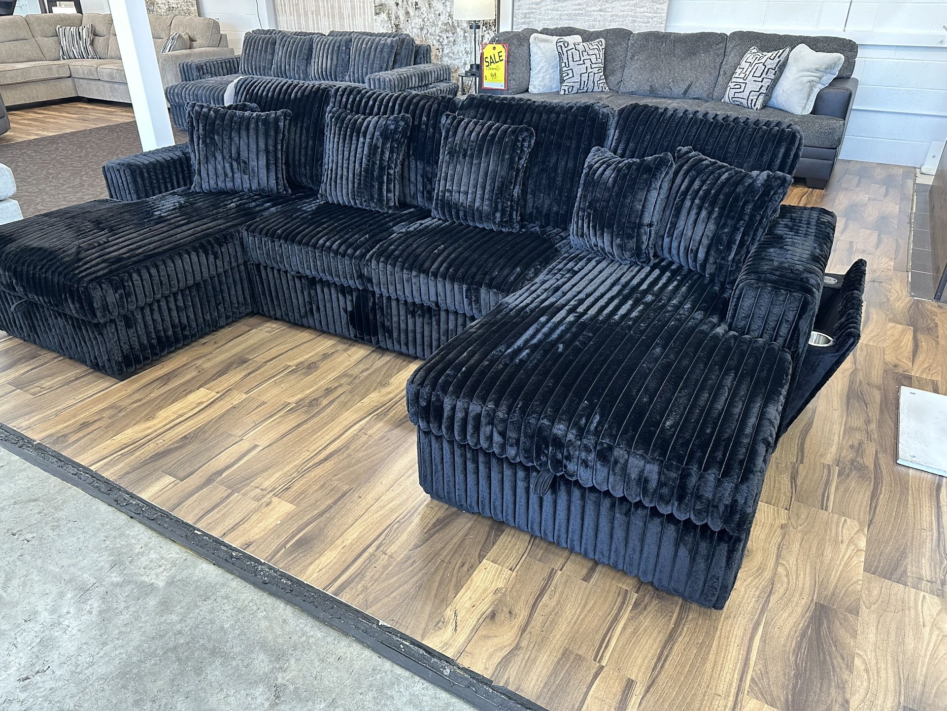 Double Chaise Black Corduroy Sectional