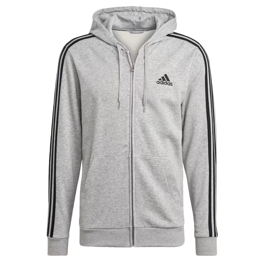 NEW adidas men Essentials French Terry 3-Stripes Full-Zip Hoodie Grey Heather Small adult