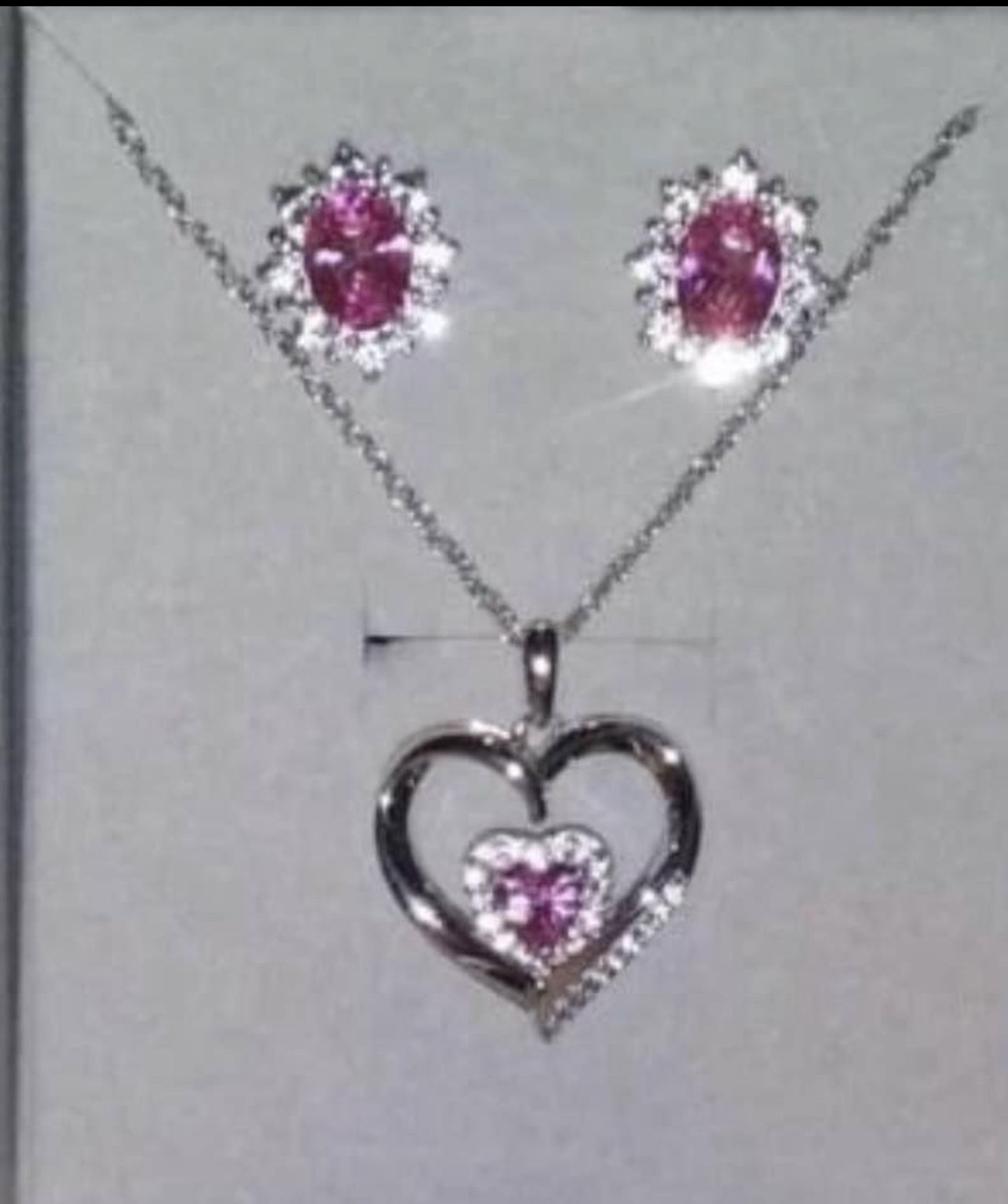 Sterling Silver Necklace And Earring Set With Diamonds And Pink Stones