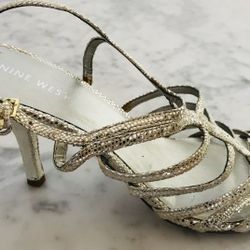 LEATHER METALLIC SILVER SIZE 7.5M SNAKE STRAPPY SANDAL [by "NINE WEST"] ..... CONDITION is "NEW"