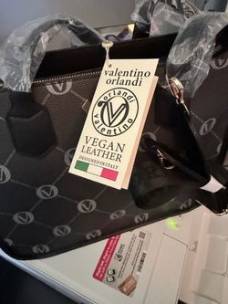 new Valentino Orlandi vegan leather tote with tags attached and a matching shoulder strap.