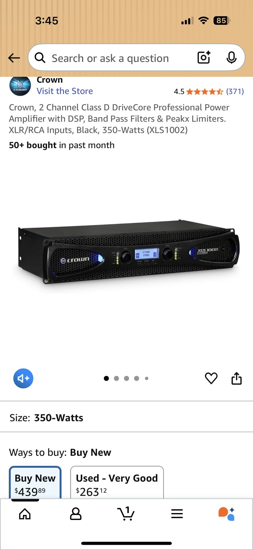 Crown, 2 Channel Class D DriveCore Professional Power Amplifier with DSP, Band Pass Filters & Peakx Limiters. XLR/RCA Inputs, Black, 350-Watts (XLS100