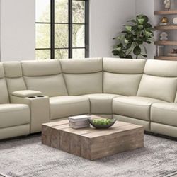 Brand New Beige Top Grain Leather Reclining Sectional Sofa 