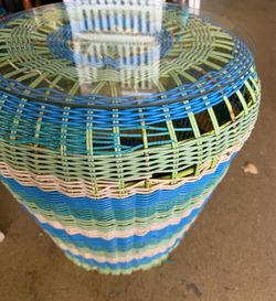 Boho weave basket side table with glass top