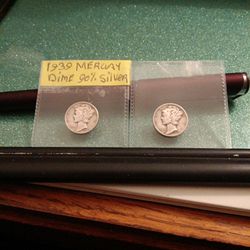 Set Of Two Vintage , 90% Silver Mercury Dimes