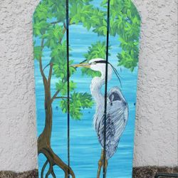 Handpainted Wood Coastal Heron Bird Wall Decor Art Painting 