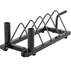 Yaheetech Horizontal Barbell Bumper Plate Rack Holder Olympic Bar Storage Rack with Handle and Wheels,Black