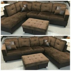 Brand New Brown Microfiber Sectional With Storage Ottoman 