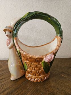VINTAGE Ceramic EASTER CANDY BASKET Flowers BUNNY RABBIT  10x7