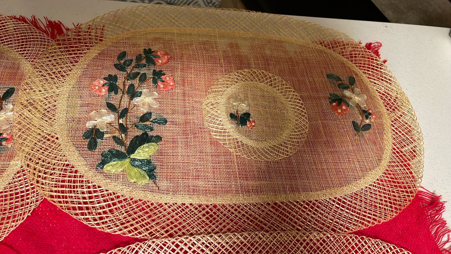 Vintage Woven Embroidered Placemats Set & Coaster Set 1960’s