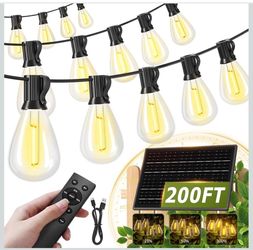Guirnalda de luces solares de 200 pies para exteriores, impermeables, 72+2 bombillas LED, funciona con energía solar con control remoto y puerto USB,