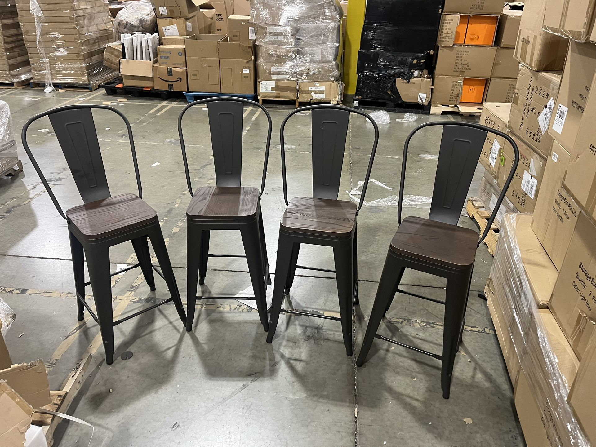 24 inch Metal Bar Stools Set of 4 High Back Counter Height Chairs Industrial Kitchen Dining Bar