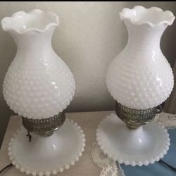 Set/2 Vintage Boudoir Milk Glass Hobnail Lamps w/ Shades 