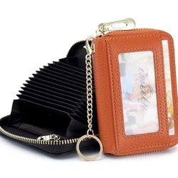 Wallet Orange , meetu RFID Credit Card Holder, Small Leather Zipper Card Case Wallet with Removable Keychain ID Window (Orange)