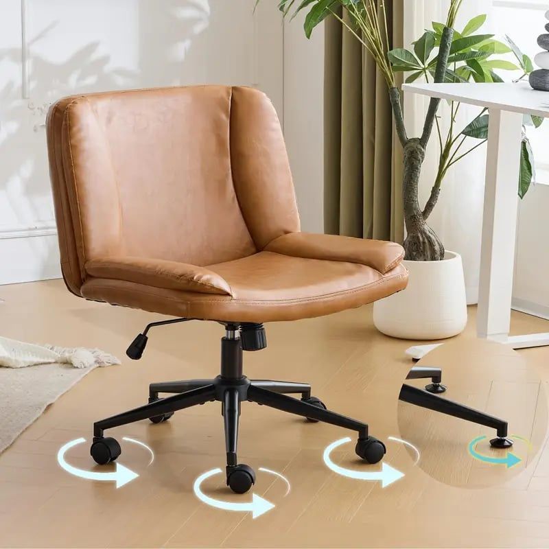 VINGLI Criss Cross Thick Padded Armless Comfy Desk Chair with Dual-Purpose Base,Adjustable Swivel Modern Vanity Chair,Waxed PU,Brown