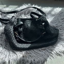 Black Textured Leather Shoulder Bag