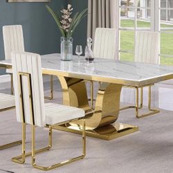 -Marble Dining Table w/ 6 Velvet Chairs