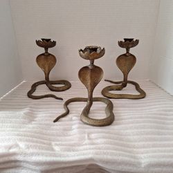 Vintage Brass Cobra Snake Candlestick  Candle Holders 7” Tall Bundle Of 3 