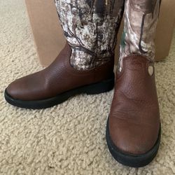 Old West Kids Camouflage Brown Western Boots Size 10t 10c Boy Girls Great Cond