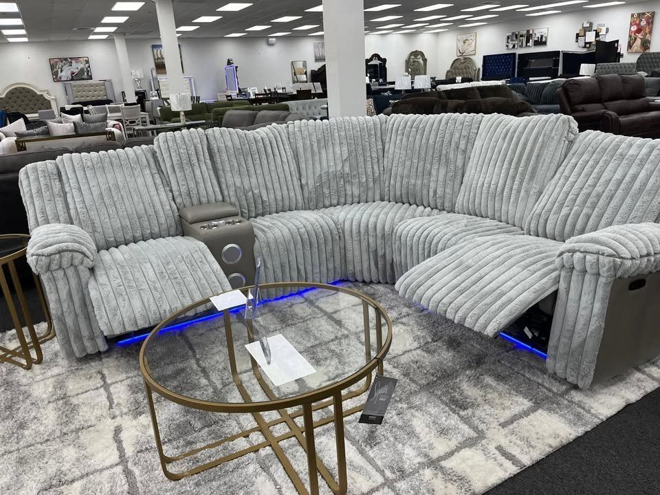 Gray plush fabric 3 Pc Power reclining Sectional w/speaker & console