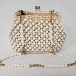 Vintage White Beaded & Crocheted Purse With Shoulder Chain/Bead Strap.