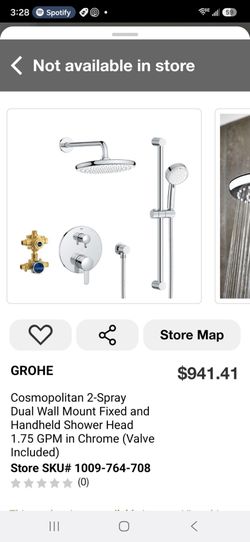 GROHE
$941.41
Cosmopolitan 2-Spray Dual Wall Mount Fixed Handheld Shower Head 1.75 GPM in Chrome (Valve