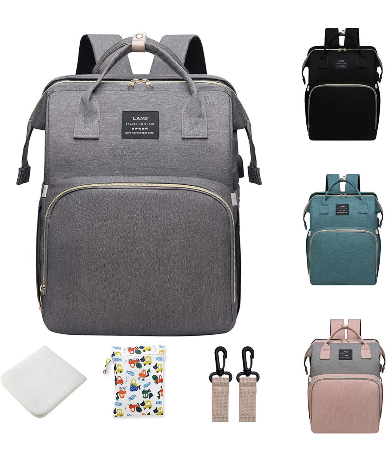 ANWTOTU Diaper Bag Backpack,7 in 1 Travel Diaper Bag,Mommy Bag With USB Charging Port (Grey)