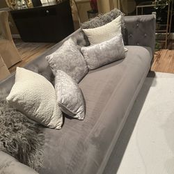 Gray Velvet Tufted Couch W/ Pillows 