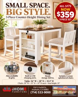 Compact dinning table  +2 Gray Finish Upholstered Seat Counter Height Chairs (available bwn/ wh)