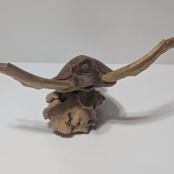Vintage 7" Hand-Carved Wooden Sea Turtle Sculpture on Driftwood Base Nautical Decor
