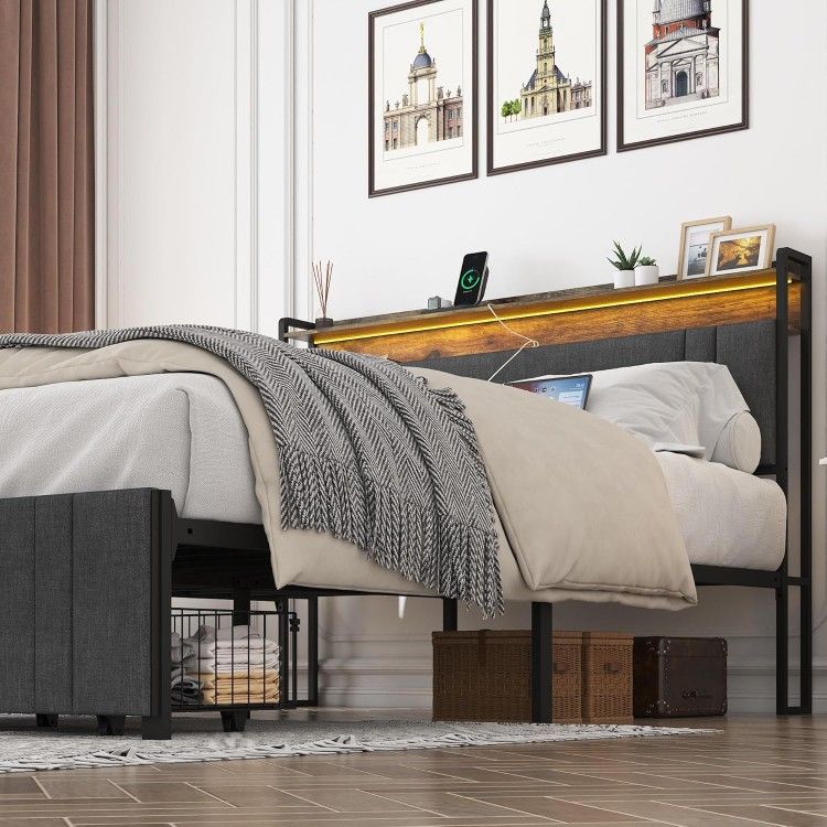 LED Full Size Bed Frame With Headboard And Storage