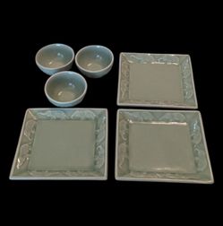 Vintage World Market Set Of 3 Asian Celadon Crackle Glaze Elephant Collection Square Salad/Appetizer Plates & Round Condiment Bowls