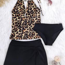 3 Piece Tankini Swimsuits Halter Tummy Control Bathing Suits with Bikini Bottom Skirt(Available in Plus)