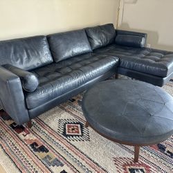 Full grain Italian leather sectional with matching round leather ottoman for sale - Gold Canyon