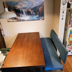 Wood Dining Table with Upholstered Bench and Chairs