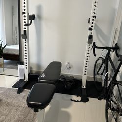 Bench, Squat Rack With Olympic Weights And Bar Plus Curling Bar And Matt