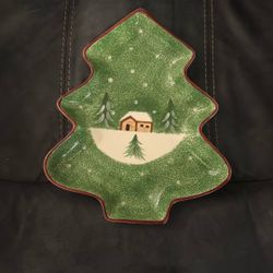 Macys The Cellar Log Cabin Ceramic Christmas Holiday Tree Plate Serving Tray Never Used