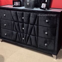 Black Velvet Dresser W/ Acrylic Crystal Knobs Brand New In Box 
