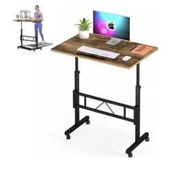 Small Standing Desk Adjustable Height, Mobile Table with Wheels, Portable Laptop Table, Brown New
