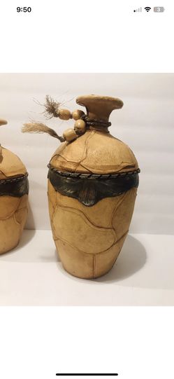 Set Of Two Vintage Leather Wrapped Vases Vintage Farmhouse Rustic Vases 11”,9”.  Beautiful and stunning pair of rustic vases, leather wrapped with met Thumbnail