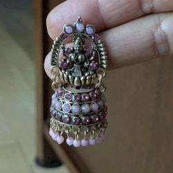 Vintage Goddess Lakshmi Mahalaxmi Earrings. Antiqued Gold, Rose Quartz Jhumka 2.25" Good Luck. Timeless Elegance Collection.

Elevate your ethnic 