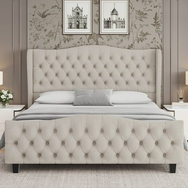*Brand New* King Modern Velvet Upholstered Platform Bed Frame, Beige (Mattresses Available!)