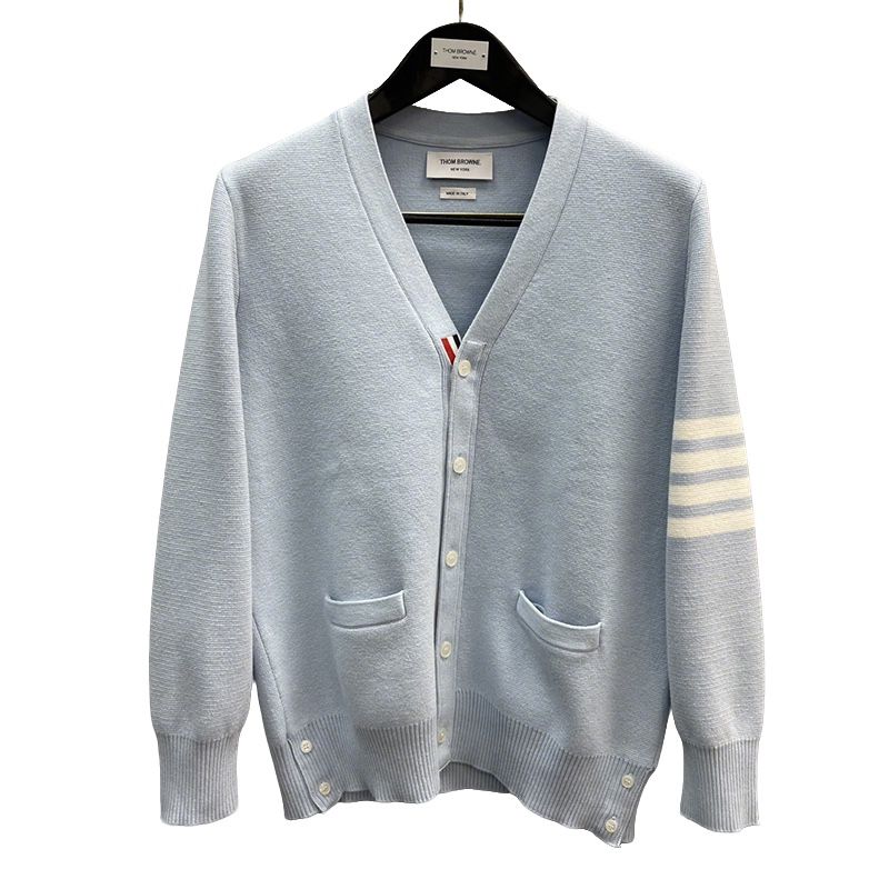 Thom Browne Knitted 4 Bar Cardigan Light Blue