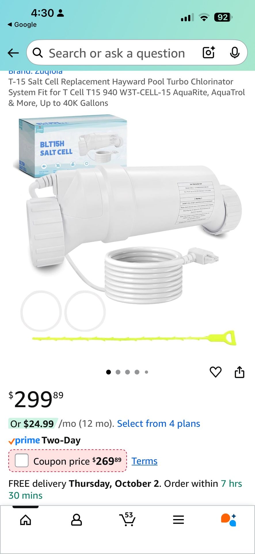 T-15 Salt Cell Replacement Hayward Pool Turbo Chlorinator System Fit for T Cell T15 940 W3T-CELL-15 AquaRite, AquaTrol & More, Up to 40K Gallons