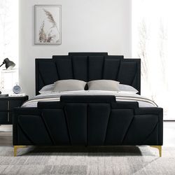 Black & Gold Velvet Queen Bed Brand New Includes Night Stand