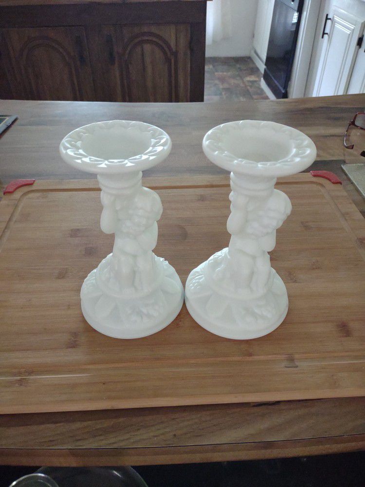 Candlestick Holders Milk Glass
