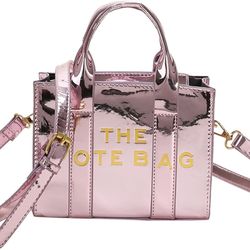Womens Mini Tote Bag Purse With Shoulder Strap Chrome Pink Reflective PU
