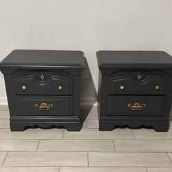 Charcoal Nightstands Pair | Solid Wood | Gold Hardware | Vintage Style